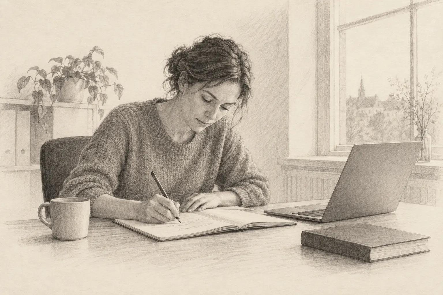 En medarbejder prøver selv med blyant og notesbog, mens en bærbar computer står ved siden af.