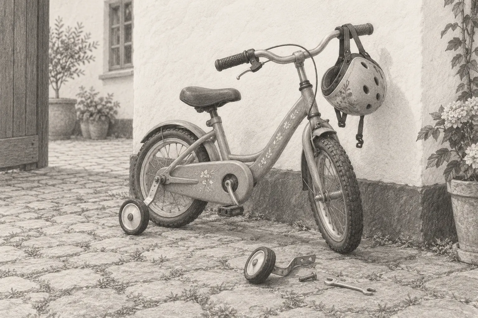 En børnecykel læner sig op ad en hvid mur i en gård med brosten. Det ene støttehjul er skruet af og ligger på jorden ved siden af en svensknøgle.