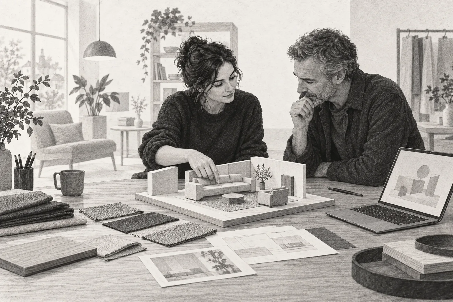 En rådgiver og en kunde undersøger en model af et rum og stofprøver sammen. En computer står ved siden af.