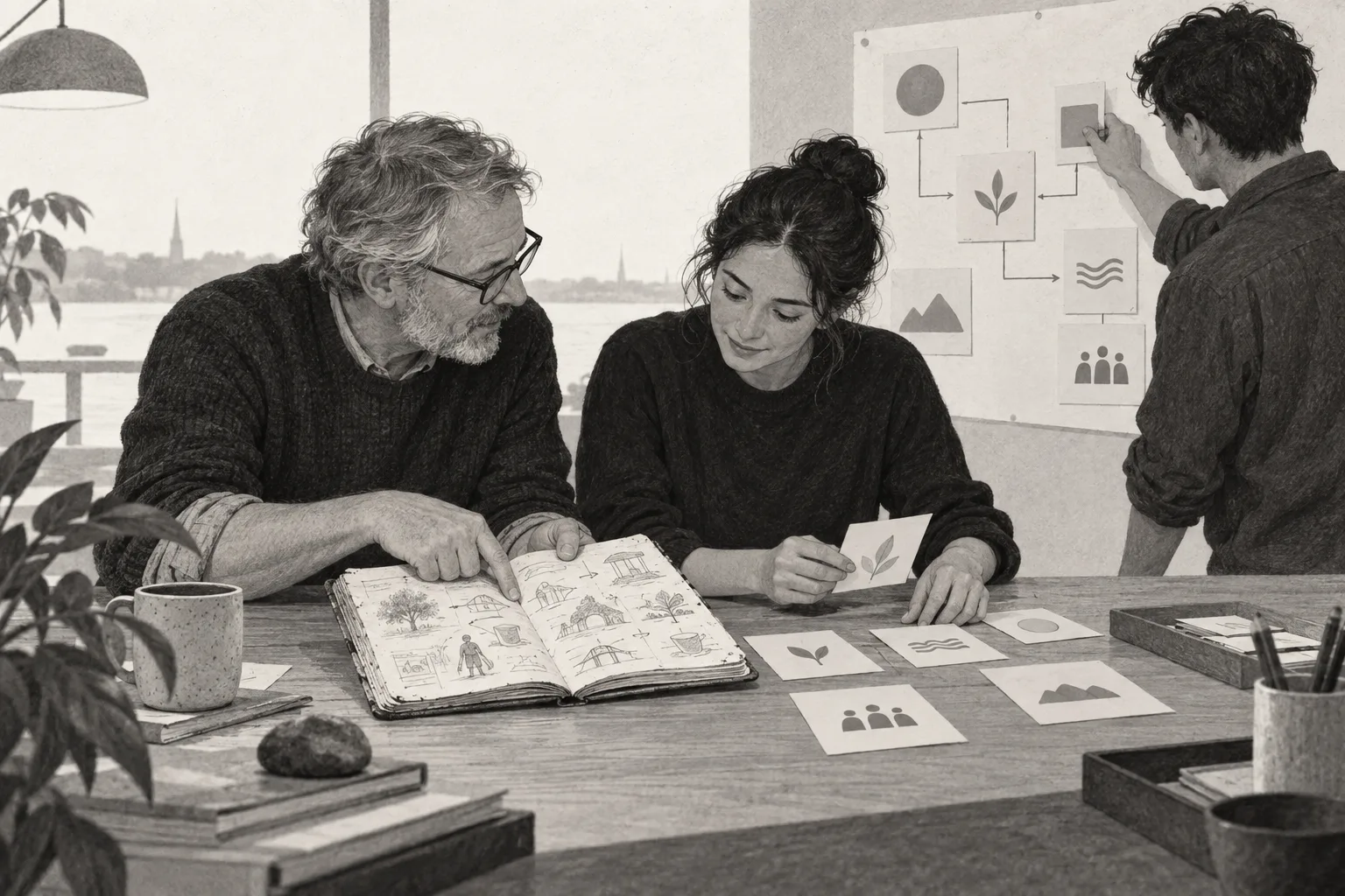 Tre kolleger omsætter erfaringer fra en slidt notesbog til fælles viden ved et arbejdsbord.