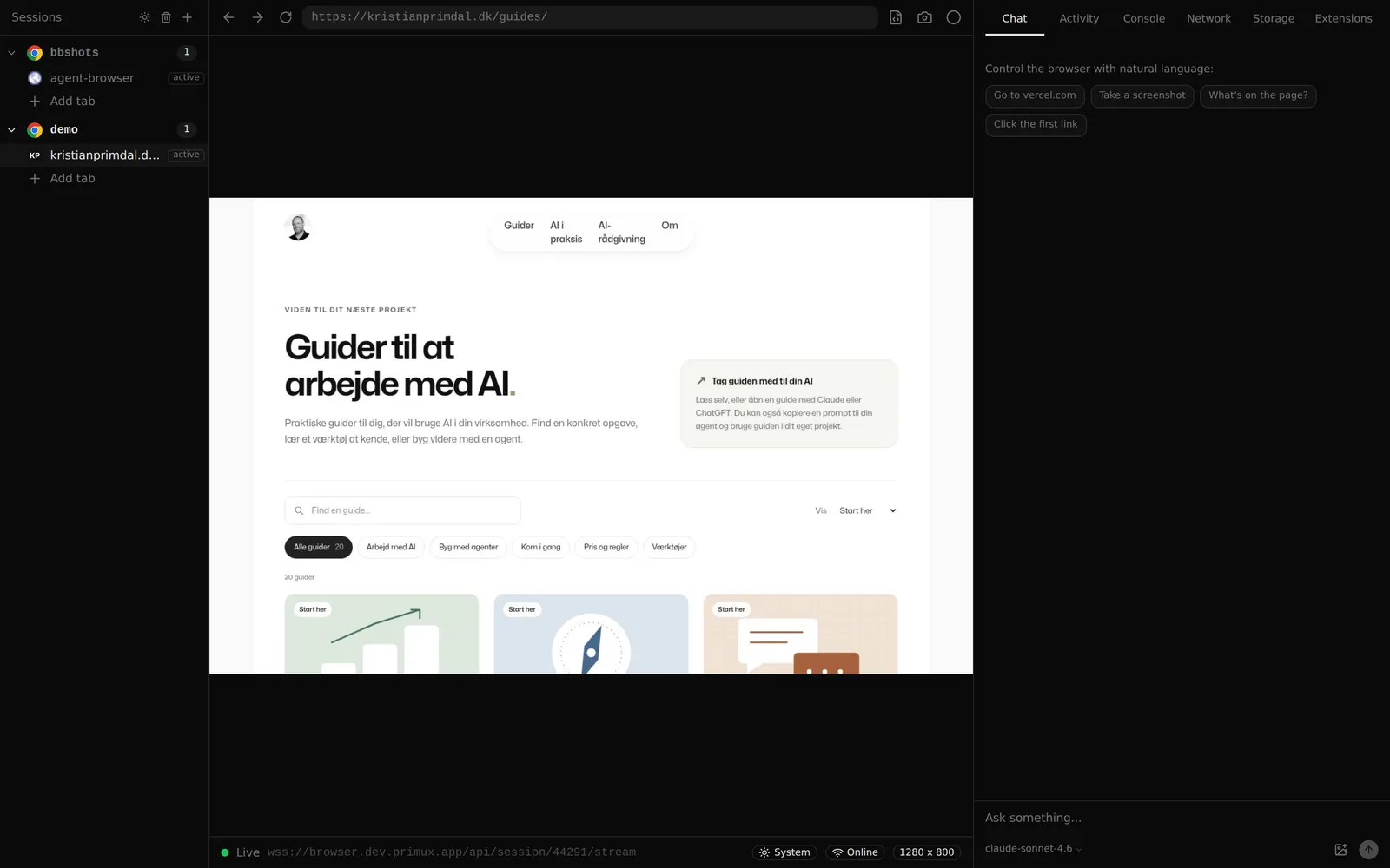 Dashboardet til agent-browser med to sessioner i venstre side og forsiden af kristianprimdal.dk/guides vist live i midten.