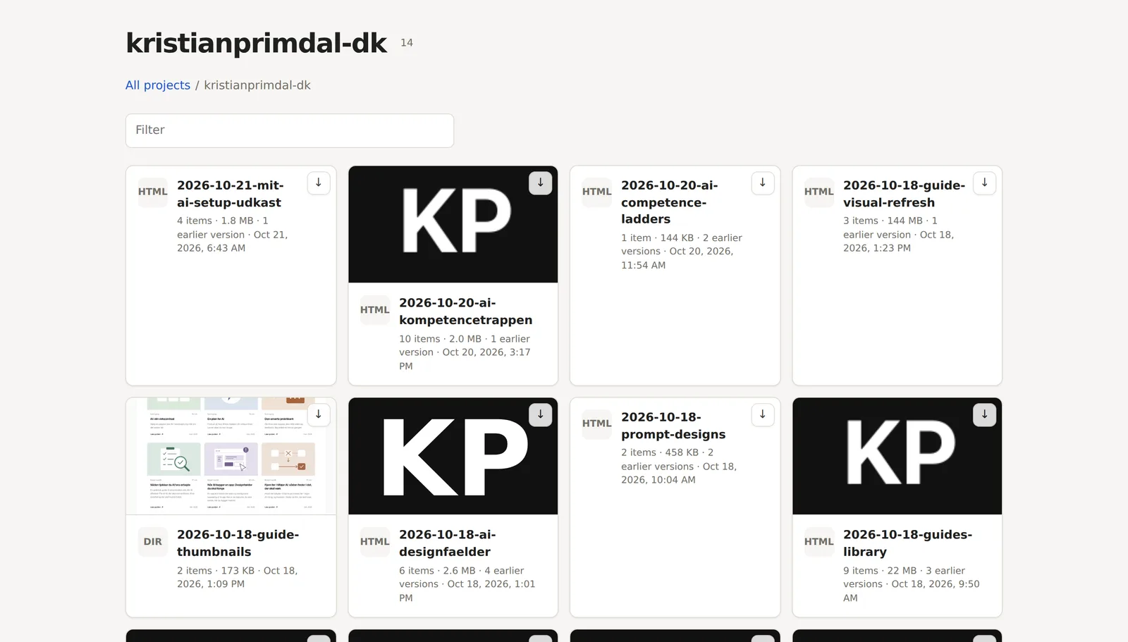 Oversigten over artifacts i projektet kristianprimdal-dk med kort for hver side, fx 2026-10-21-mit-ai-setup-udkast og 2026-10-18-guide-thumbnails.